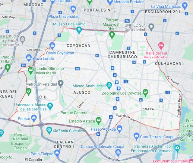 Screenshot of Google Maps showing the Coyoacán neighborhood in Mexico City.