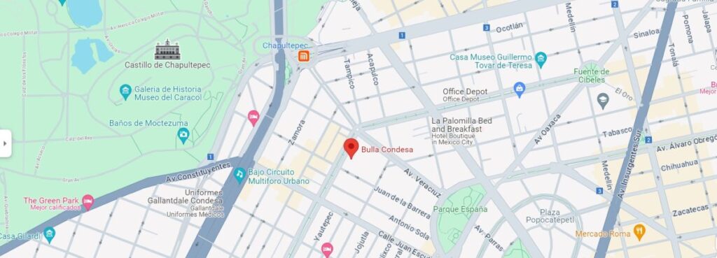 Map showing the location of Bulla Condesa in Mexico City. The restaurant is marked with a pin icon on the map.